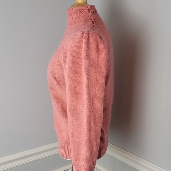 ALPENBLICK Pink Pointelle Knit Turtleneck Mock Neck Button Shoulder Sweater VTG - Picture 2 of 11